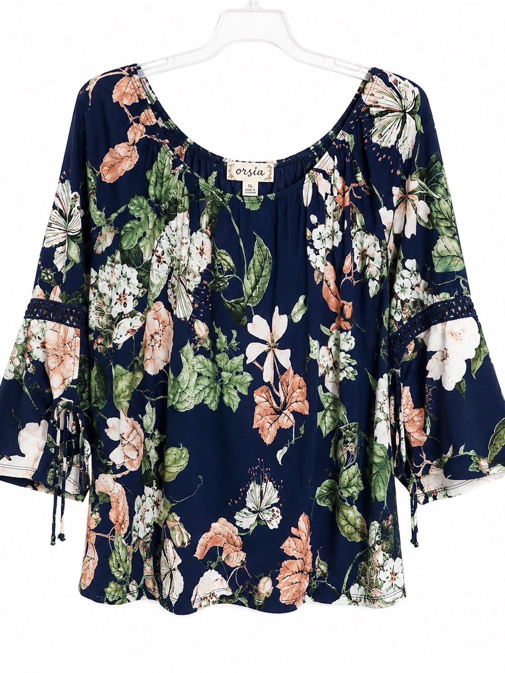 Orvia XL Navy Floral Boho Blouse Crochet Trim 3/4 Bell Sleeve Peasant Top Sz. XL